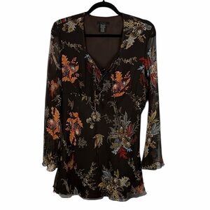Silkland Silk Floral Sheer Blouse XL Brown Lace-Up Boho Top Cottagecore